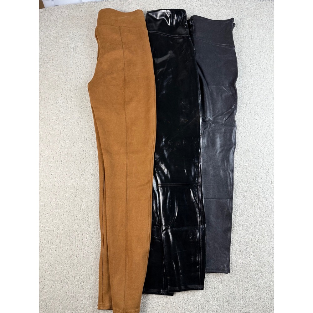 SPANX Lot of 3‎ Faux Leather/Suede/Shiny/Denim Leggings Womens Size Large